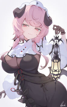 1girl :3 absurdres artist_name bernina_(stella_sora) black_dress black_horns bodystocking breasts buttons cleavage closed_mouth commentary cross dress fishnet_gloves fishnet_top fishnets frilled_shirt_collar frills gloves hand_up head_tilt highres holding holding_lantern horns lantern large_breasts long_hair looking_at_viewer low-tied_sidelocks o-ring pink_hair pisuke_(user_kcmh2774) puffy_sleeves red_eyes see-through_cleavage see-through_clothes see-through_gloves sidelocks smile solo star_(symbol) stella_sora strap white_headdress