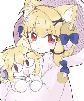 Rule 34 | 2girls, ahoge, animal ear fluff, animal ears, arcueid brunestud, blonde hair, blue bow, blush, bow, cat ears, chibi, commentary request, crescent, crescent hair ornament, dual persona, fate/grand order, fate (series), hair intakes, hair ornament, headphones, highres, hood, hoodie, hug, kuzuyu, looking at viewer, multiple girls, neco-arc, open clothes, open hoodie, phantas-moon, phantas-moon (second ascension), pink hoodie, red eyes, short hair, smile