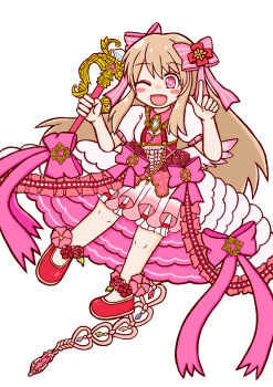 1girl ;d absurdres blonde_hair blush_stickers chaos_marie_(grimms_notes) grimms_notes hair_ribbon hands_up highres holding holding_wand long_hair mori_peer one_eye_closed open_mouth pink_ribbon puffy_sleeves red_shoes ribbon shoes simple_background smile solo wand white_background
