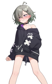1girl anal anal_beads anal_object_insertion averting_eyes black_choker black_hoodie blush choker closed_mouth collarbone ear_piercing earrings flat_chest green_hair hair_ornament hairclip highres hood hoodie jewelry long_sleeves looking_to_the_side naked_hoodie nose_blush o-ring o-ring_choker object_insertion original piercing purple_eyes sex_toy short_hair simple_background single_bare_shoulder sleeves_past_fingers sleeves_past_wrists solo white_background yotubeya