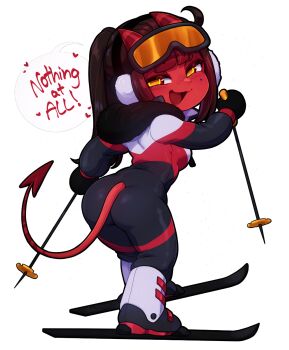 1girl :3 ass colored_skin demon_girl demon_horns demon_tail earmuffs english_text female_focus freckles full_body goggles heart highres holding_ski_pole horns long_hair long_sleeves looking_at_viewer meruccubus_(merunyaa) merunyaa mole mole_under_eye oni open_mouth original pointy_ears red_oni red_skin scene_reference ski_boots ski_gear ski_goggles ski_pole skiing skin-covered_horns skis smile snow solo speech_bubble spoken_heart standing stupid_sexy_flanders_(meme) tail the_simpsons