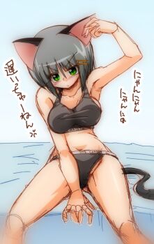 1girl aizawa_sakuya animal_ears anzai_satsuki arm_up armpits bare_shoulders blush bra breasts cat_ears cat_tail cleavage collarbone fake_animal_ears green_eyes grey_hair hair_ornament hayate_no_gotoku! large_breasts navel panties short_hair simple_background sketch solo sports_bra sports_panties sportswear stomach tail thighs underwear