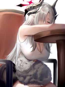 1girl animal bare_arms bare_shoulders black_horns black_skirt blue_archive blush breasts cat chair cleavage closed_eyes demon demon_horns erlisa_takanashi grey_hair hair_over_one_eye halo highres horns large_breasts long_hair makoto_(blue_archive) mole multiple_horns pointy_ears shirt skirt sleeping sleeveless sleeveless_shirt solo twitter twitter_username very_long_hair white_background white_shirt