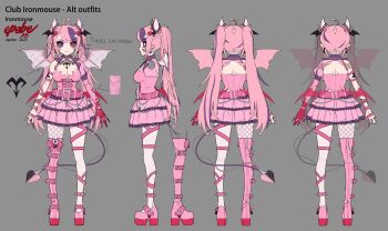 1girl boots commentary demon_girl demon_horns demon_tail demon_wings dress english_commentary epebe fishnet_thighhighs fishnets frilled_dress frills gloves highres horns ironmouse long_hair looking_at_viewer multicolored_hair nail_polish official_alternate_costume official_art pink_boots pink_dress pink_hair pink_nails purple_streaks red_gloves single_glove solo streaked_hair tail thigh_boots thighhighs twintails very_long_hair vshojo wings