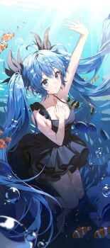 1girl absurdres air_bubble arm_up asymmetrical_clothes bare_arms bare_legs barefoot black_dress black_ribbon blue_eyes blue_hair blush breasts bubble caustics clownfish collarbone commentary_request dress emduck fish floating_hair frilled_dress frills full_body hair_between_eyes hair_ribbon hand_up hatsune_miku highres jellyfish long_hair parted_lips ribbon shinkai_shoujo_(vocaloid) short_dress sidelocks sleeveless sleeveless_dress solo submerged twintails underwater very_long_hair vocaloid water