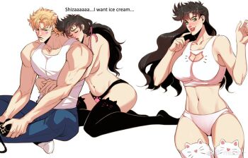 1boy 1girl animal_ear_legwear battle_tendency black_hair black_legwear blonde_hair breasts brown_hair caesar_anthonio_zeppeli cat_cutout cat_ear_legwear cat_ear_thighhighs cat_lingerie cat_thighhighs cleavage_cutout clothing_cutout controller denim facial_mark game_controller genderswap genderswap_(mtf) green_eyes headband hug hug_from_behind jeans jojo_no_kimyou_na_bouken joseph_joestar joseph_joestar_(young) lipstick long_hair makeup panties pants paw_print playing_games spadelake thighhighs topless_female triangle_print underboob underwear white_legwear