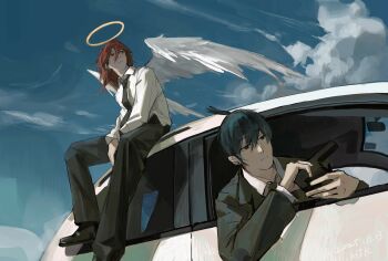 Rule 34 | 2boys, absurdres, angel, angel devil (chainsaw man), angel wings, black hair, black necktie, black pants, car, chainsaw man, chinese commentary, closed mouth, collared shirt, commentary request, dated, earrings, formal clothes, hair between eyes, halo, hayakawa aki, highres, jacket, jewelry, limit932, long hair, male focus, motor vehicle, multiple boys, necktie, on car, pants, photo-referenced, shirt, short hair, sitting, sky, suit, suit jacket, topknot, traditional halo, white shirt, white wings, wings