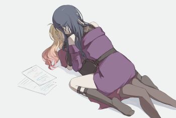 Rule 34 | absurdres, belt, black corset, black hair, black pantyhose, black socks, blonde hair, commentary, corset, dress, gradient hair, hand on another's neck, highres, hoshino ichika (project sekai), kiss, long hair, multicolored hair, off-shoulder dress, off shoulder, pann (1202zzzx00), pantyhose, paper, pink hair, project sekai, purple dress, simple background, socks, straddling, tenma saki, white background, yuri