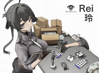2girls ahoge black_eyes black_gloves black_hair black_pants box breasts chest_harness gloves grey_shirt harness highres large_breasts looking_at_viewer military multiple_girls necktie open_mouth original pants ponytail seallllion shirt short_hair sidelocks solo_focus table tablet_pc tell_(vrchat) white_hair white_necktie