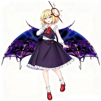 1girl :d arm_at_side ascot black_skirt black_vest collared_shirt double-parted_bangs drooling ex-rumia frilled_shirt_collar frilled_skirt frills full_body hair_between_eyes halo hand_up highres index_finger_raised long_sleeves non-web_source open_mouth purple_wings red_ascot red_halo red_shoes rumia shirt shoes simple_background skirt skirt_set smile socks solo standing tilted_halo touhou touhou_lostword vest white_background white_socks wings yellow_eyes