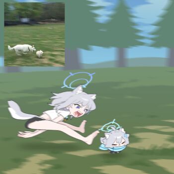 2girls :&lt; =_= ahoge animal_ear_fluff animal_ears bare_arms bare_legs barefoot black_shorts blue_archive blue_eyes blue_halo blue_scarf chasing chibi commentary_request cross_hair_ornament day dual_persona earrings fangs grass grey_hair hair_ornament halo highres ishikoro24 jewelry korean_commentary long_hair motion_blur multiple_girls open_mouth outdoors photo-referenced reference_inset running scarf shiroko_(blue_archive) shiroko_(young)_(blue_archive) short_shorts short_sleeves shorts stud_earrings tail teeth tree wolf_ears wolf_girl wolf_tail