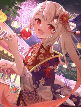 Rule 34 | 1girl, absurdres, commentary request, dango, fang, fireworks, fish, floral print, flower, food, goldfish, hair between horns, hair flower, hair ornament, highres, holding, holding food, hololive, horn ornament, horns, japanese clothes, kimono, long hair, looking at viewer, mk haku, nakiri ayame, nakiri ayame (new year), night, official alternate costume, open mouth, red eyes, red hair, skin-covered horns, skin fang, sky, virtual youtuber, wagashi, white hair, wide sleeves