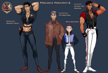 4boys belt black_jacket black_vest blue_background blue_pants braces brown_coat brown_footwear brown_necktie character_chart chase_van_redfor_(fairytale_police_hoe_department) checkered_clothes checkered_pants chest_hair coat fairytale_police_hoe_department headphones headphones_around_neck height_difference highres idoraad jacket light_purple_hair looking_at_viewer male_focus multiple_boys necktie pants pectoral_cleavage pectorals purple_hair red_shirt rico_greyson salute sheriff sheriff_badge sheriff_gold shirt shoes short_sleeves standing teeth tim_greyson uncle_and_nephew vest white_footwear white_pants