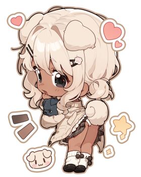 1girl :3 animal_ears ass ass_focus black_eyes black_shoes black_skirt blonde_hair borrowed_character brown_outline cardigan chibi chibi_only commission curled_tail dark-skinned_female dark_skin dog dog_ears dog_girl dog_tail floppy_ears from_behind full_body hair_bun hair_ornament hairpin hand_on_own_chin heart highres long_sleeves looking_at_viewer looking_back notice_lines open_cardigan open_clothes open_mouth original orphaneater_io outline panties paw_hair_ornament pleated_skirt pom_pom_(clothes) second-party_source shoes sidelocks simple_background skirt socks solo sparkle star_(symbol) stuffed_toy swept_bangs tail tail_raised transparent_background underwear wavy_hair white_panties white_socks yellow_cardigan yellow_tail