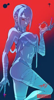 1girl a.k.i._(street_fighter) absurdres albino bandage_over_one_eye bandaged_arm bandaged_leg bandaged_neck bandages bikini claw_(weapon) claw_ring grey_bikini grey_hair hair_over_one_eye highres looking_at_viewer mole mole_under_mouth official_alternate_costume official_alternate_hairstyle purple_nails red_eyes red_lips sgmt_proxy solo street_fighter street_fighter_6 swimsuit thighs weapon