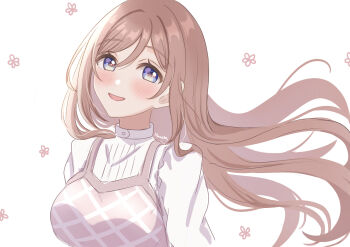 Rule 34 | 1girl, absurdres, artist name, blue eyes, blush, breasts, brown hair, commentary, dress, floating hair, gakuen idolmaster, hanilz, highres, himesaki rinami, idolmaster, long hair, looking at viewer, medium breasts, pinafore dress, shirt, signature, sleeveless, sleeveless dress, smile, solo, straight hair, symbol-only commentary, upper body, very long hair, white background, white shirt