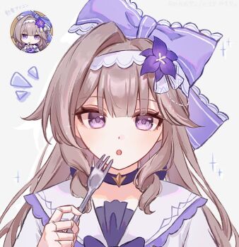 Rule 34 | 1girl, :o, bow, brown hair, choker, commentary request, flower, frilled bow, frills, funafu, grey background, hair flower, hair ornament, hair ribbon, herta (honkai: star rail), herta (puppet) (honkai: star rail), herta (puppet) (tea break) (honkai: star rail), honkai: star rail, honkai (series), looking at viewer, official alternate costume, open mouth, photo-referenced, puppet, purple eyes, purple flower, ribbon, solo, sparkle