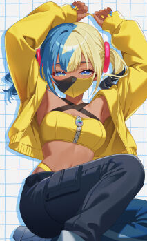 1girl absurdres aqua_hair bandeau black_mask blonde_hair blue_eyes breasts canari_(pokemon) center-flap_bangs commentary_request criss-cross_straps dark-skinned_female dark_skin highres jacket karaage_(xxxmido02) looking_at_viewer mask mega_ring mega_stone midriff mouth_mask multicolored_hair nail_polish navel nintendo pants pokemon pokemon_legends:_z-a short_twintails solo split-color_hair sports_bra twintails two-tone_hair two-tone_mask two-tone_pants yellow_bandeau yellow_jacket yellow_mask yellow_sports_bra