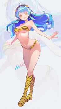 1girl absurdres ahoge animal_print artist_name bare_arms bare_shoulders bikini blue_hair blush boots breasts commentary_request cone_horns crossed_legs floating_hair full_body fur_bikini gradient_hair highres horns itou_kazuki knee_boots large_breasts long_hair looking_at_viewer lum multicolored_hair navel oni open_mouth outstretched_arms pointy_ears print_bikini print_boots purple_hair signature smile spread_arms standing strapless strapless_bikini swimsuit tiger_print underboob urusei_yatsura very_long_hair yellow_bikini yellow_boots yellow_eyes yellow_horns zoom_layer