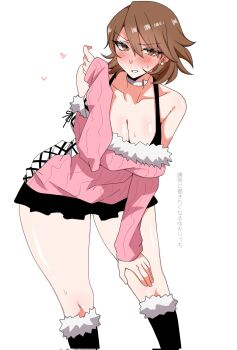 1girl bare_shoulders black_boots black_skirt blush boots bra_strap breasts brown_eyes brown_hair choker cleavage collarbone commentary_request corrupted_twitter_file cross-laced_clothes cross-laced_sleeves cross-laced_sweater earrings feet_out_of_frame flipped_hair fur-trimmed_boots fur-trimmed_sweater fur_trim hair_between_eyes halterneck heart heart_choker highres jewelry large_breasts leaning_forward long_sleeves looking_at_viewer maz_515 miniskirt off-shoulder_sweater off_shoulder official_alternate_costume parted_lips pearl_earrings persona persona_3 pink_sweater pleated_skirt ribbed_sweater short_hair simple_background skirt solo strap sweat sweater takeba_yukari thighs white_background white_choker winter_clothes