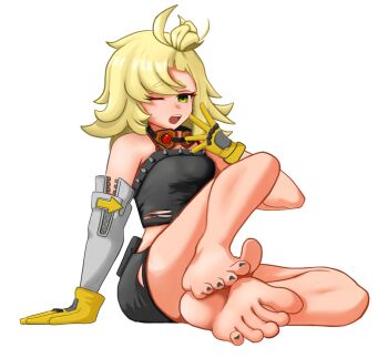 bamivoxy barefoot black_nails black_shirt blonde_hair feet foot_focus gloves goggles hair_bun highres nail_polish piper_wheel shirt single_bare_foot sleepy spread_toes toe_scrunch toes yawning yellow_gloves zenless_zone_zero zzz