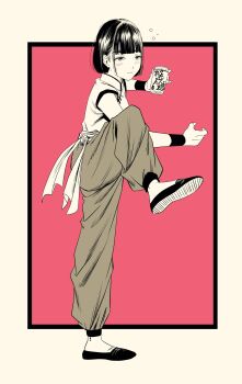 1girl beer_can blush can chinese_clothes commentary_request drink_can drunk drunken_fist fighting_stance greyscale_with_colored_background highres holding holding_can lee_(dragon_garou) light_smile original red_background sepia short_hair solo spot_color squeans standing standing_on_one_leg wavy_mouth wristband