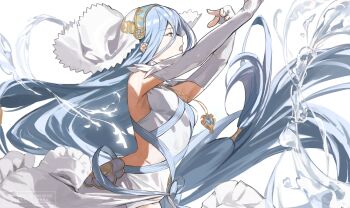 1girl armpits arms_up azura_(fire_emblem) blue_gemstone blue_hair breasts commentary_request dancer dancing diffraction_spikes dress elbow_gloves fingerless_gloves fire_emblem fire_emblem_fates floating_hair frills gem glint gloves hair_between_eyes hashibiro_kou_(garapiko_p) highres jewelry long_hair necklace nintendo open_mouth panties simple_background small_breasts solo underwear veil very_long_hair water white_background white_dress white_panties yellow_eyes