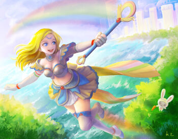 1boy 1girl alternate_costume armor blonde_hair blue_eyes breasts carrot cherryxoa circlet cleavage collar cottontail_teemo flying gloves league_of_legends long_hair lux_(league_of_legends) magical_girl medium_breasts midriff open_mouth rainbow signature smile star_guardian_(league_of_legends) star_guardian_lux teemo thighhighs wand white_gloves