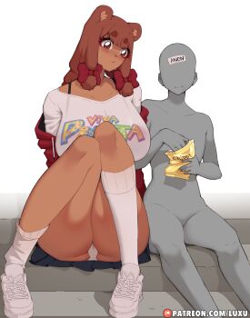 1girl absurdres animal_ears bear_ears bear_girl beau_(luxu) blush bow brown_eyes brown_hair chips_(food) dark-skinned_female dark_skin eating food furry furry_female hair_bow highres long_hair luxu original panties red_bow skirt socks thighs underwear upskirt white_socks