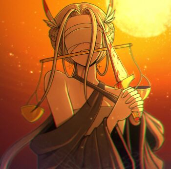 1girl balance_scale bandages bandages_over_eyes bare_shoulders biting blindfold blood bloody_weapon breasts commentary_request dagger feather_hair_ornament feathers hair_ornament highres holding holding_dagger holding_knife holding_weapon judgement_bird knife korean_commentary light_particles lobotomy_corporation long_sleeves medium_breasts misg1111 personification project_moon solo weapon weighing_scale white_hair wide_sleeves