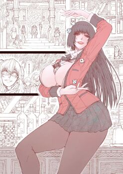 1girl black_hair blazer blunt_bangs breasts highres hime_cut hyakkaou_academy_school_uniform jabami_yumeko jacket jun_wu_mo kakegurui large_breasts long_hair looking_at_viewer non-web_source pantyhose red_eyes red_jacket school_uniform shirt skirt smile source_request very_long_hair white_shirt