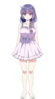 1girl :d ^_^ android_wa_keiken_ninzuu_ni_hairimasu_ka?? anime_coloring arms_behind_back bare_shoulders barefoot bow braid breasts closed_eyes collarbone commentary_request dress facing_viewer hair_over_shoulder highres large_breasts long_hair looking_at_viewer nadeshiko_(android_wa_keiken_ninzuu_ni_hairimasu_ka??) official_art open_mouth purple_eyes purple_hair short_dress single_braid skirt sleeveless sleeveless_dress smile standing transparent_background waist_bow white_background white_dress