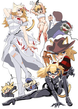 1boy 3girls :3 a_nightmare_on_elm_street absurdres alternate_costume animal_ears betty_(neural_cloud) black_bodysuit blonde_hair blood blood_on_clothes blood_on_hands blood_on_leg bloody_clothes bloody_dress blue_eyes bodysuit bottomless bra brown_hat cat_ears cat_girl cat_tail chtv commentary cosplay dress english_commentary eye_mask fang fedora freddy_krueger freddy_krueger_(cosplay) g11_(girls&#039;_frontline) girls&#039;_frontline girls&#039;_frontline_neural_cloud grey_hair halloween_(movie) hat hat_tip high_heels highres holding holding_knife idw_(girls&#039;_frontline) knife mask michael_myers multiple_girls navel pantyhose shoes simple_background skin_fang stitches striped_clothes striped_sweater super-shorty_(girls&#039;_frontline) sweater tail torn_clothes torn_pantyhose two-tone_sweater underwear wedding_dress white_background white_bra white_dress white_footwear white_pantyhose