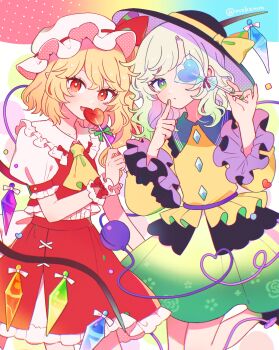 Rule 34 | 2girls, ascot, black hat, blonde hair, bow, buttons, candy, closed mouth, collared shirt, commentary request, crystal, crystal wings, diamond button, eyeball, fang, flandre scarlet, floral print, food, frilled shirt collar, frilled skirt, frilled sleeves, frills, green hair, green nails, green skirt, hat, hat bow, heart, heart of string, highres, holding, holding candy, holding food, holding lollipop, komeiji koishi, lollipop, long sleeves, mob cap, mozukuzu (manukedori), multiple girls, one side up, pointy ears, print skirt, puffy short sleeves, puffy sleeves, red bow, red eyes, red skirt, red vest, rose print, shirt, short sleeves, skirt, skirt set, third eye, touhou, vest, white hat, wings, wrist cuffs, yellow ascot, yellow bow, yellow shirt