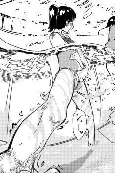 2girls barefoot blush clothing_aside heart highres katsushika_donkusai long_hair looking_to_the_side monochrome multiple_girls one-piece_swimsuit original partially_submerged peeing peeing_underwater ponytail pool standing swimsuit swimsuit_aside trembling water