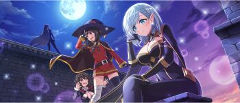 4girls :d alpha_(kage_no_jitsuryokusha_ni_naritakute!) bandaged_leg bandages belt belt_collar bench beta_(kage_no_jitsuryokusha_ni_naritakute!) black_belt black_bodysuit black_cloak black_gloves black_hat black_shirt black_thighhighs blonde_hair blouse blue_eyes bodysuit bow braid braided_sidelock breasts brick_wall brown_belt brown_hair chuunibyou cleavage cleavage_cutout cloak closed_mouth clothing_cutout cloud cloudy_sky collar collarbone covered_navel crossed_legs crossover crown_braid dress elf fingerless_gloves flying_sweatdrops from_below full_moon game_cg gloves gold_trim grey_hair hair_behind_ear hair_bow hair_over_shoulder hand_in_own_hair hand_on_own_knee hand_over_eye hand_up hands_up hat highres kage_no_jitsuryokusha_ni_naritakute! kono_subarashii_sekai_ni_shukufuku_wo! konosuba!_fantastic_days large_breasts light_blush light_smile long_hair looking_ahead looking_at_another low_twintails matching_outfits medium_hair megumin mole mole_under_eye moon multiple_girls necktie night night_sky off-shoulder_dress off_shoulder official_art on_wall open_mouth parted_bangs pink_necktie pointy_ears red_bow red_dress red_eyes shade shirt short_dress short_hair short_hair_with_long_locks short_necktie sidelocks single_thighhigh sitting sky small_breasts smile sparkle standing star_(sky) starry_sky stone_bench thigh_belt thigh_strap thighhighs thighs twintails v-shaped_eyebrows very_long_hair witch_hat yunyun_(konosuba) zettai_ryouiki