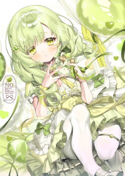 Rule 34 | 1girl, balloon, bow, bowtie, chi no, commentary request, cookie, dress, food, green bow, green dress, green eyes, green hair, green ribbon, hair ornament, highres, long hair, looking at viewer, original, pantyhose, parted lips, pouch, ribbon, short sleeves, solo, watermark, white pantyhose, yellow bow, yellow bowtie