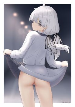 1girl absurdres ahoge anus artist_name ass bandaid bandaid_on_face black_ribbon border character_request clothes_lift commentary_request dated exhibitionism from_behind grey_eyes grey_hair grey_skirt hair_between_eyes hair_ornament hair_ribbon hairclip haruno_plum highres lamppost long_hair long_sleeves looking_at_viewer low_twintails no_panties outdoors outside_border parallel_hairclips public_indecency pussy ribbon shirt sidelocks skirt skirt_lift solo sweat thighs turning_head twintails vrchat white_border white_shirt