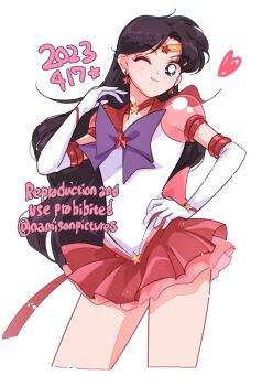 Rule 34 | 1girl, bishoujo senshi sailor moon, bishoujo senshi sailor moon stars, black eyes, black hair, bow, bowtie, choker, circlet, commentary, dated, dated commentary, earrings, elbow gloves, gloves, hand on own hip, heart, highres, hino rei, jewelry, long hair, looking at viewer, magical girl, miniskirt, namisonpictures, one eye closed, purple bow, purple bowtie, red choker, red sailor collar, red skirt, sailor collar, sailor mars, sailor senshi, sailor senshi uniform, see-through clothes, see-through sleeves, short sleeves, simple background, skirt, solo, star (symbol), star choker, star earrings, super sailor mars (stars), white background, white gloves