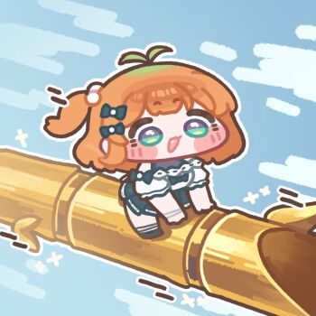 Rule 34 | 1girl, bamboo, blue eyes, blue sky, blush stickers, bow, commentary request, fang, hair bow, korean commentary, kyarot (trickcal), monyami, one side up, open mouth, orange hair, outdoors, pleated skirt, riding, shirt, skirt, sky, solo, trickcal, white shirt