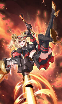 Rule 34 | 1girl, absurdres, black gloves, black jacket, black skirt, black thighhighs, blonde hair, breasts, burnice white, crop top, eyewear on head, flamethrower, gloves, heeyan, highres, holding flamethrower, holding weapon, jacket, large breasts, looking at viewer, one eye closed, open mouth, red eyes, short hair, skirt, smile, solo, spiked jacket, sunglasses, thighhighs, twintails, weapon, zenless zone zero