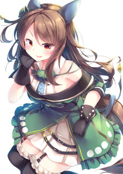 Rule 34 | 1girl, absurdres, animal ears, bare shoulders, black gloves, black thighhighs, blush, bow, breasts, brown hair, buttons, coat, commentary request, double-breasted, dress, ear bow, ear covers, ear ribbon, frilled thighhighs, frills, garter straps, gloves, green bow, green dress, highres, horse ears, horse girl, horse tail, kanzakietc, king halo (king of emeralds) (umamusume), king halo (umamusume), large breasts, long hair, looking at viewer, off-shoulder coat, off-shoulder dress, off shoulder, parted lips, red eyes, smile, solo, tail, thighhighs, umamusume