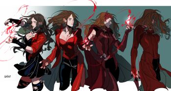 1girl absurdres arm_warmers artist_name avengers:_age_of_ultron avengers:_infinity_war avengers_(series) black_dress black_nails black_pants black_thighhighs blue_background border breasts bridal_gauntlets brown_gloves brown_hair cape cleavage closed_mouth coat collarbone colored_inner_hair cowboy_shot doctor_strange_(series) doctor_strange_in_the_multiverse_of_madness dress evolution fingerless_gloves fingernails floating_hair gloves gradient_background green_eyes green_hair hands_up highres jacket jewelry karmaho lapels large_breasts lips long_hair long_sleeves magic marvel marvel mask mask_on_head multicolored_hair multiple_views nail_polish necklace open_clothes open_coat open_jacket open_mouth outside_border pants pink_lips red_cape red_coat red_dress red_jacket red_mask scarlet_witch standing teeth thighhighs torn_clothes torn_thighhighs wanda_maximoff wandavision wavy_hair white_background white_border