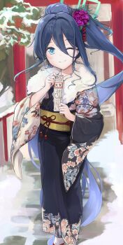 1girl absurdres aris_(blue_archive) black_hair blue_archive blue_eyes flower gokineko_(roachcat) hair_flower hair_ornament halo highres holding holding_paper japanese_clothes kimono long_hair paper snow_on_tree torii