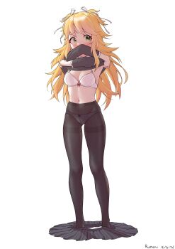 Rule 34 | absurdres, bare legs, blonde hair, bra, green eyes, hair ribbon, highres, legs, ninon (princess connect!), ninon (real) (princess connect!), panties, pantyhose, princess connect!, ribbon, ruinone, school uniform, stomach, underwear, undressing