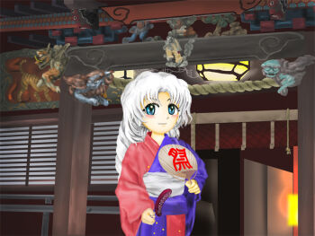 1girl aqua_eyes blush_stickers braid candy commentary_request food hand_fan holding holding_candy holding_fan holding_food japanese_clothes kams kimono lantern long_hair looking_at_viewer paper_fan solo summer_festival touhou two-tone_kimono very_long_hair white_hair yagokoro_eirin yukata zun_(style)