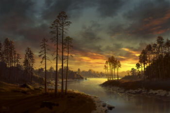 cloud cloudy_sky commentary english_commentary gradient_sky grey_sky highres landscape no_humans original outdoors painterly painting_(medium) philipp_urlich river rock scenery shore signature sky sunlight sunset traditional_media tree water watermark web_address yellow_sky