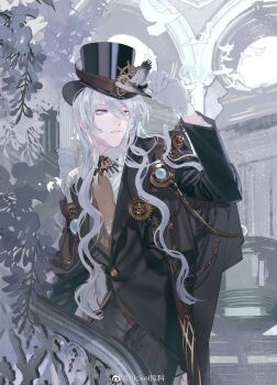1boy arch bird_hat_ornament black_cape black_jacket black_pants brown_necktie cael_anselm cael_anselm_(mist_city) cape chain closed_mouth collared_shirt cowboy_shot expressionless flower gear_hat_ornament gears gloves hair_between_eyes hand_on_headwear hat hat_ornament highres industrial_pipe jacket lapels long_bangs long_hair long_hair_between_eyes long_sleeves looking_at_viewer lovebrush_chronicles male_focus necktie nickel_nike non-web_source notched_lapels pants purple_eyes purple_flower railing shirt solo standing steampunk suit_jacket top_hat very_long_hair watermark wavy_hair weibo_watermark white_gloves white_hair white_shirt wisteria