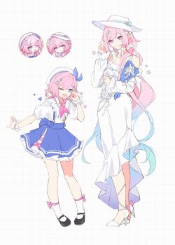 2girls ;o aqua_hair beret black_shoes blue_eyes blue_skirt bouquet cyrene_(aedes_elysiae)_(honkai:_star_rail) cyrene_(honkai:_star_rail) cyrene_(ripples_of_past_reverie)_(honkai:_star_rail) dress dual_persona flower hashtag-only_commentary hat high_heels highres holding holding_bouquet honkai:_star_rail honkai_(series) ki_ii37 long_hair looking_at_viewer multicolored_hair multiple_girls official_alternate_costume one_eye_closed pink_hair pointy_ears purple_eyes reference_inset shirt shoes short_hair skirt smile suspender_skirt suspenders two-tone_hair very_long_hair white_background white_dress white_hair white_hat white_shirt