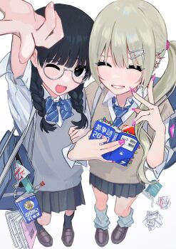 2girls absurdres bag black_eyes black_hair black_skirt black_socks blonde_hair blush book braid brown_footwear chalk closed_eyes collared_shirt crumpled_paper ear_piercing earrings fang fingernails from_above full_body glasses grey_sweater_vest hairband hamafugu hand_up highres hoop_earrings jewelry legs light_smile loafers long_fingernails long_hair long_sleeves loose_socks multiple_girls nail_polish neckerchief necktie notebook one_eye_closed open_mouth original pencil_case piercing pink_hairband pink_nails pleated_skirt ponytail round_eyewear school_bag school_uniform second-party_source shirt shoes side_ponytail simple_background skin_fang skirt sleeves_rolled_up smile socks striped_neckerchief striped_necktie sweater_vest swept_bangs teeth textbook tongue trash twin_braids v white_background white_shirt